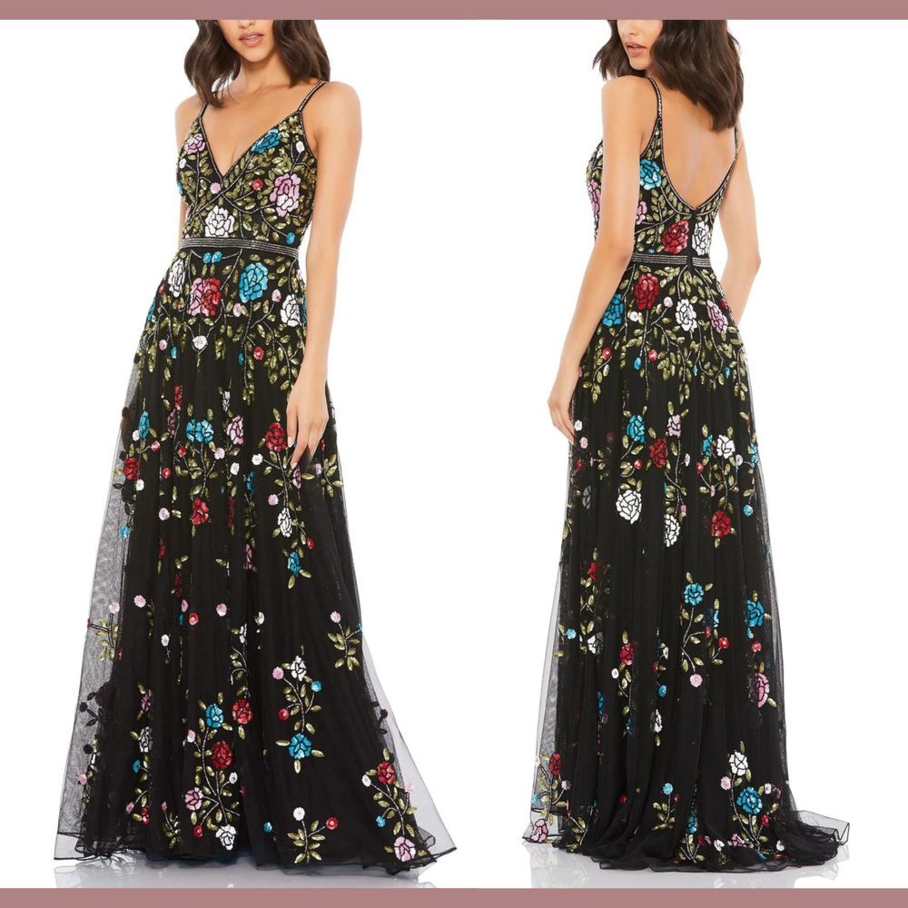 NWT $698‎ Mac Duggal [ 4 ] Embellished Floral Sequined Gown in Black #G1870